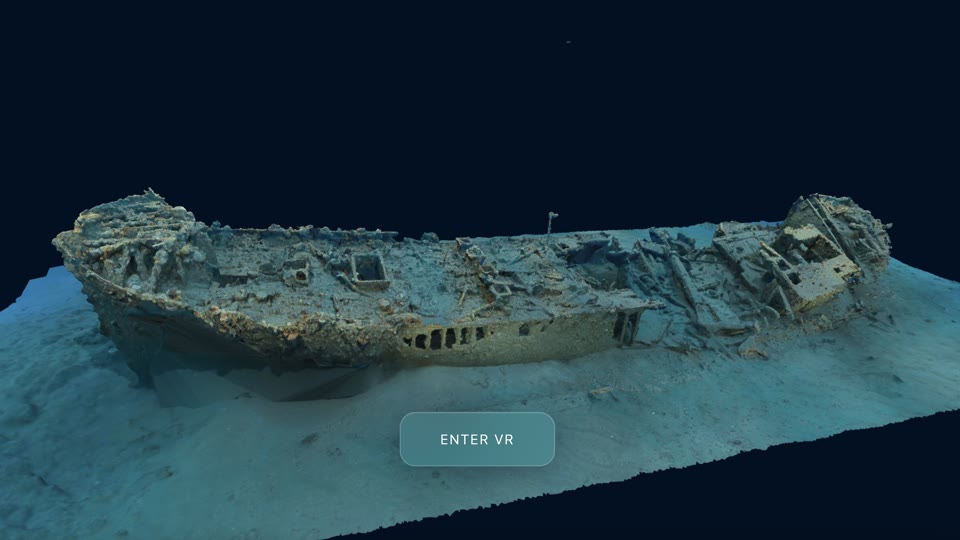 A photogrammetric shipwreck in the BelowJS viewer with the Enter VR button at the bottom centre.